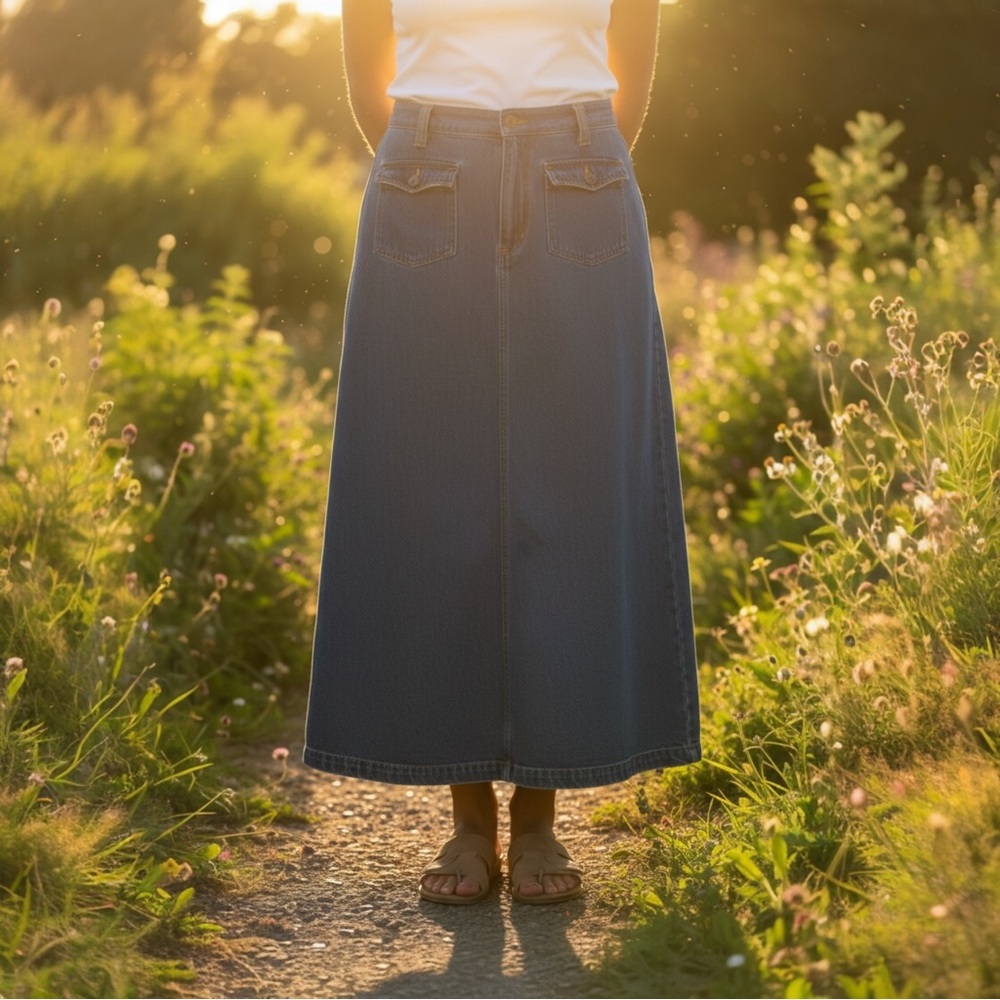 Vintage Bill Blass Jeans Slit Front Maxi Denim Skirt Blue Western Flap Pockets